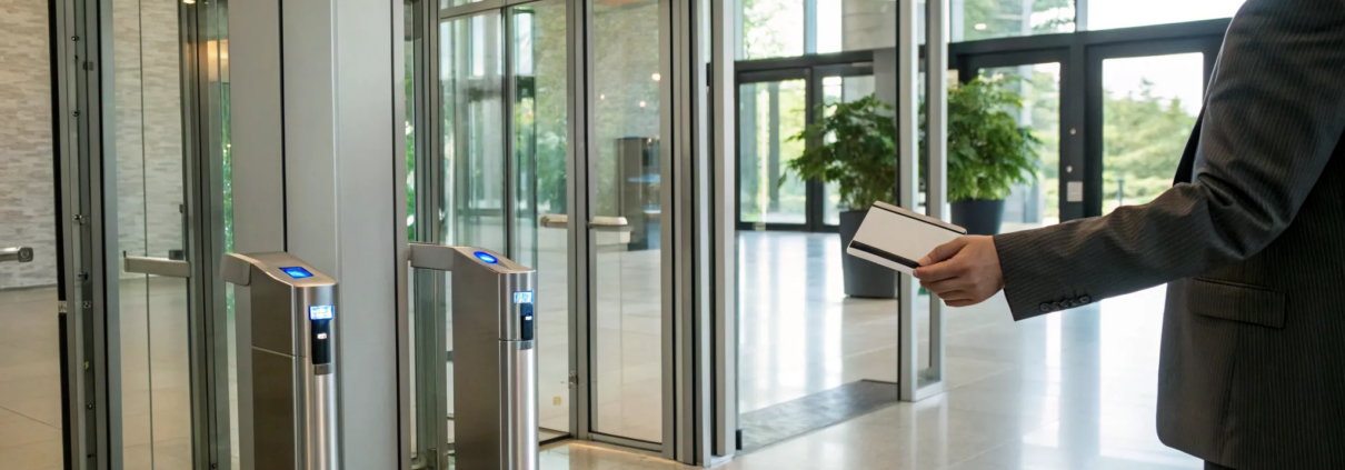 An employee uses a key card on a door access control system for business.