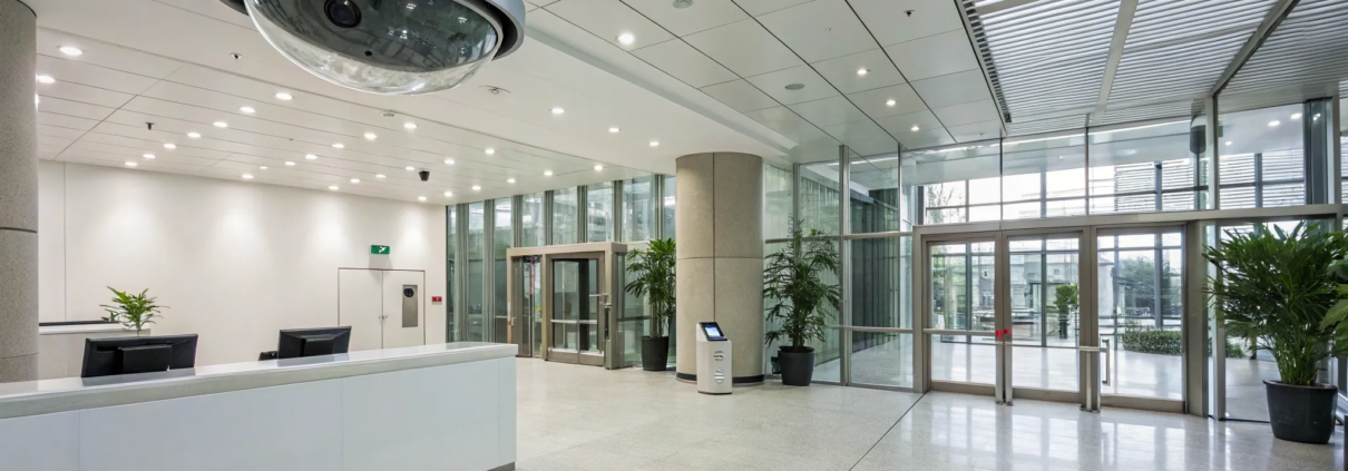 Business security camera systems monitoring the entrance of a modern office.