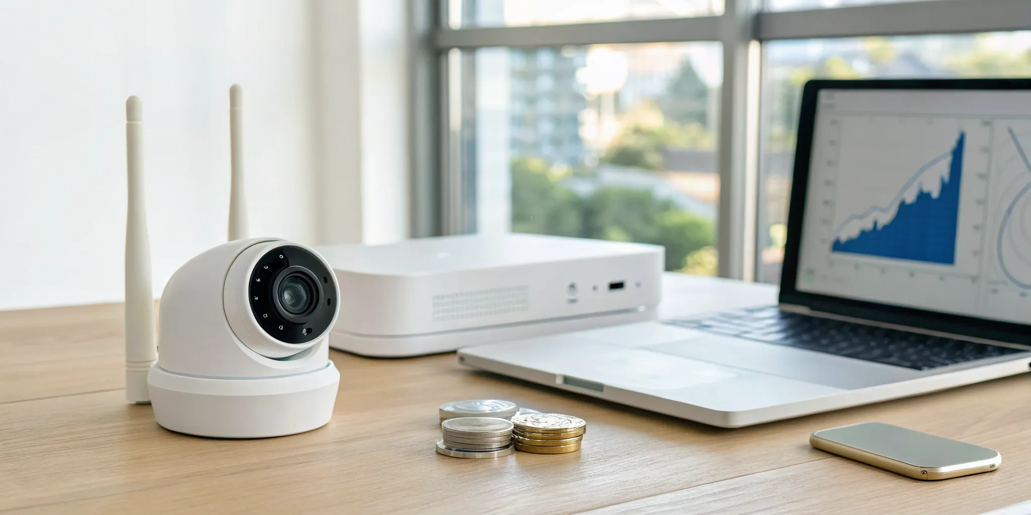 Laptop with a graph showing the average cost of alarm monitoring, next to a security camera and coins.
