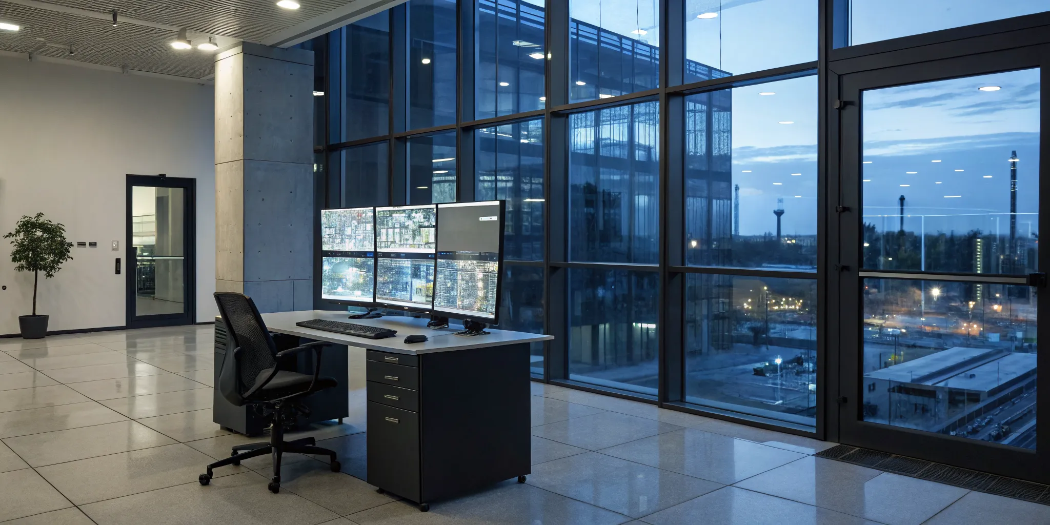 A commercial alarm monitoring station with a security professional watching multiple screens.