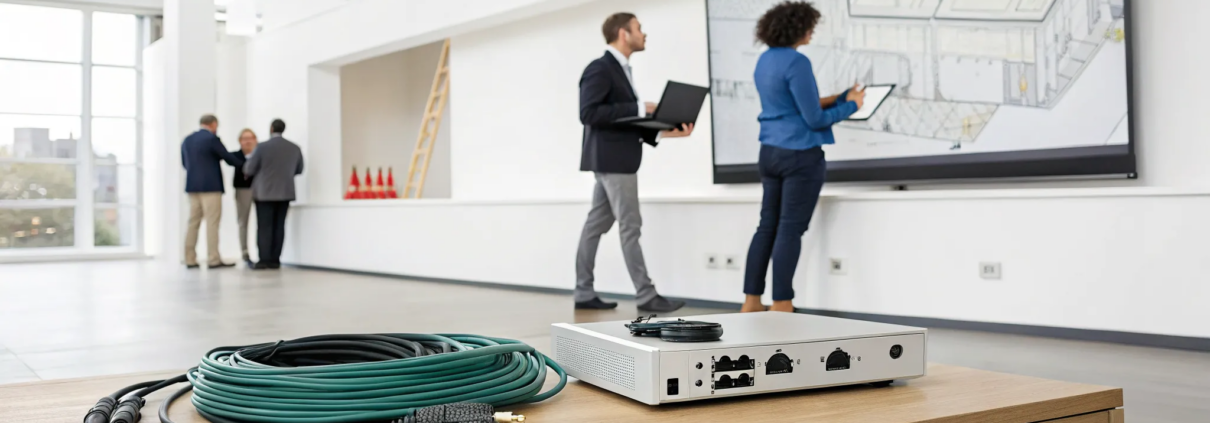 Surveillance systems equipment and wiring installed in an office for a small business.