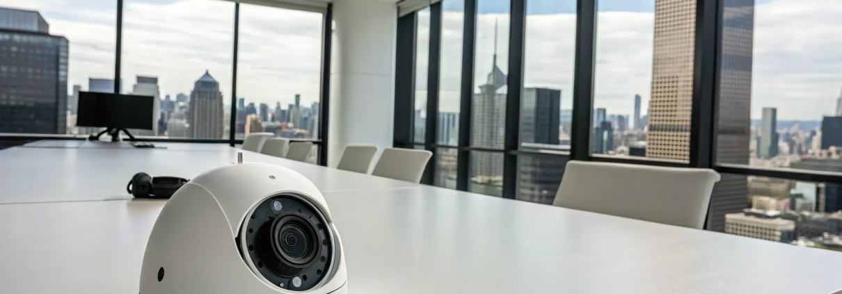 A 4K security camera on a business conference table, a key part of the best security system for a business.