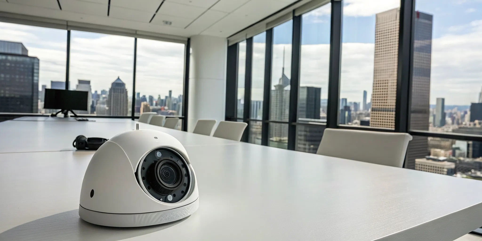A 4K security camera on a business conference table, a key part of the best security system for a business.