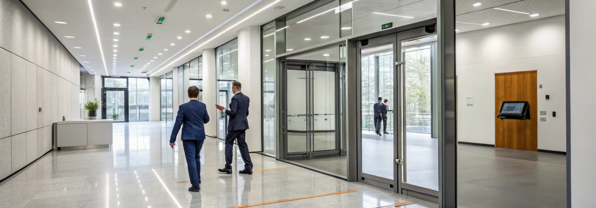 Door access control system installation on modern glass office doors.