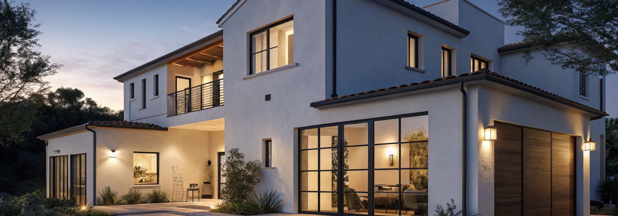 Modern two-story home at dusk, kept safe and sound by a complete home security system.