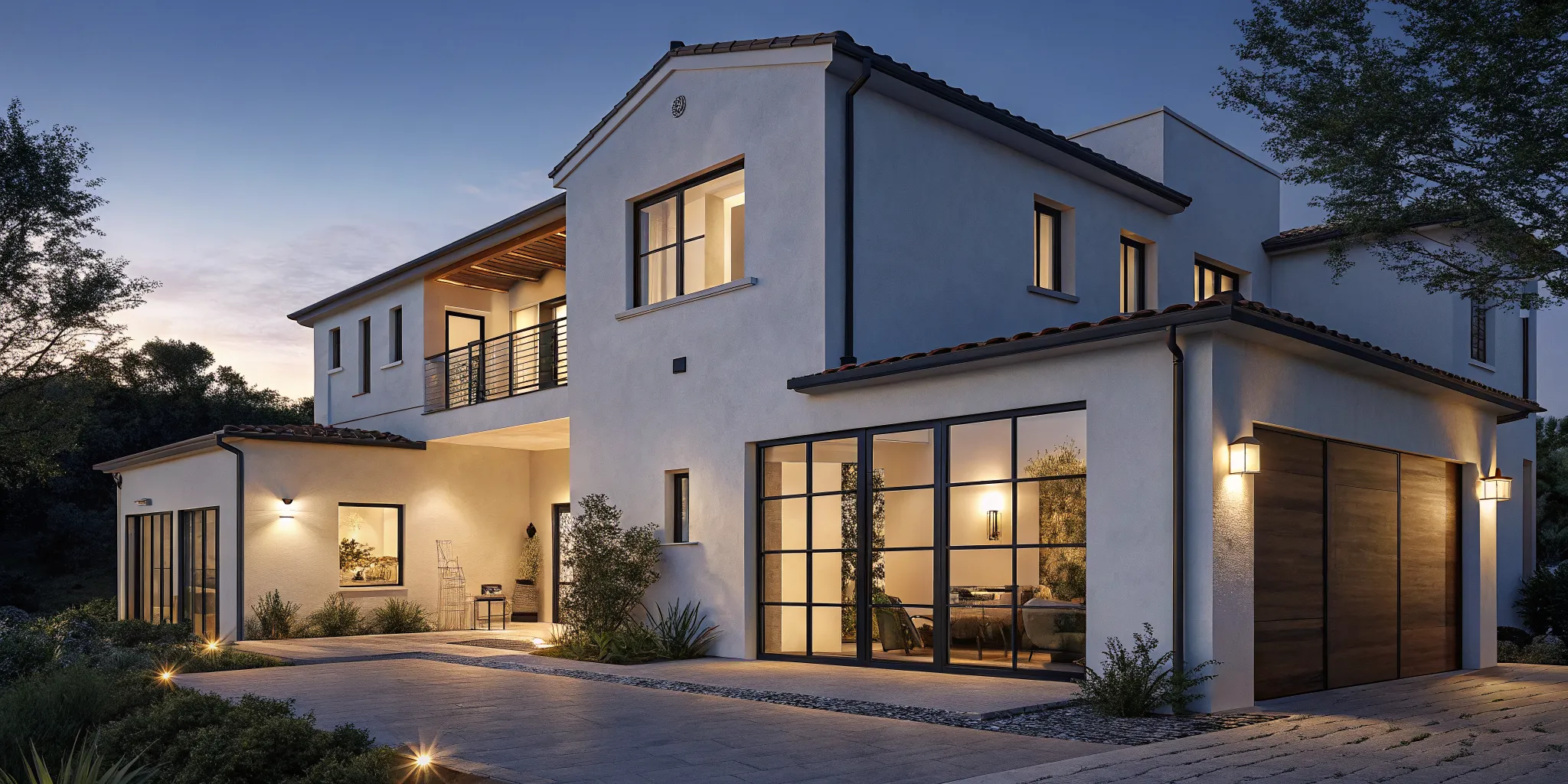 Modern two-story home at dusk, kept safe and sound by a complete home security system.