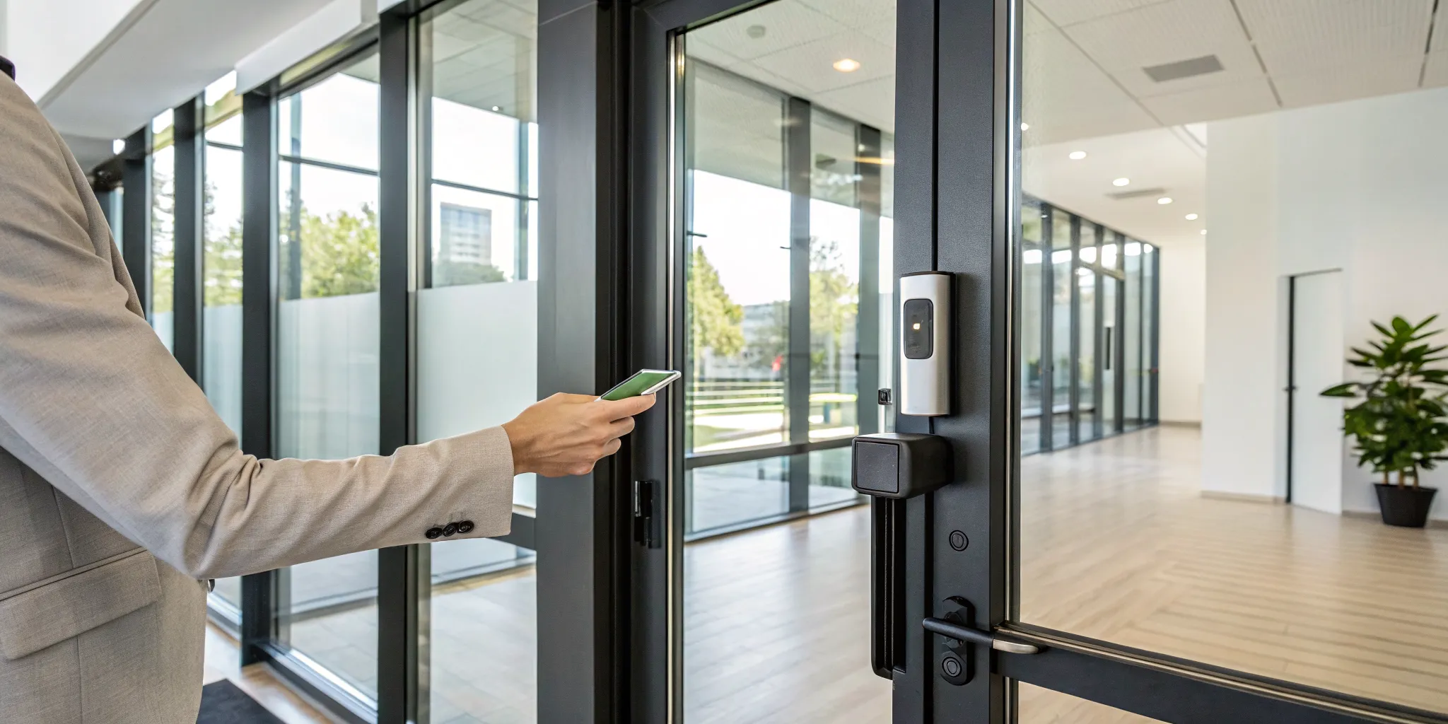 A person using a smartphone to unlock a small business access control system.