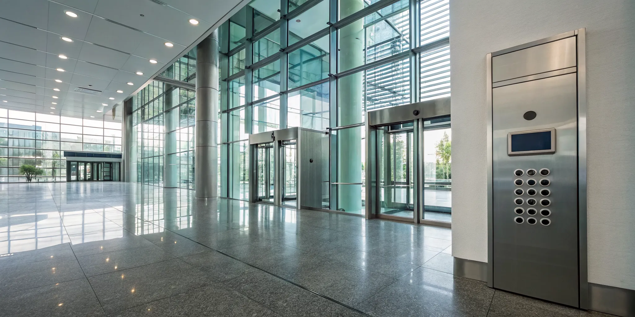 Office security systems, like this access control panel, securing a modern glass-door entrance.