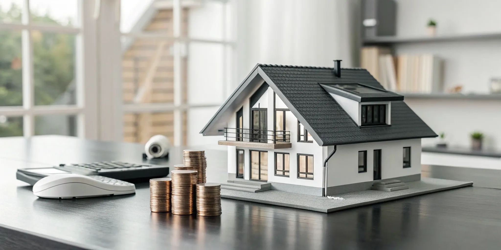 A calculator with stacked coins and a model house shows the true cost of long-term home security.