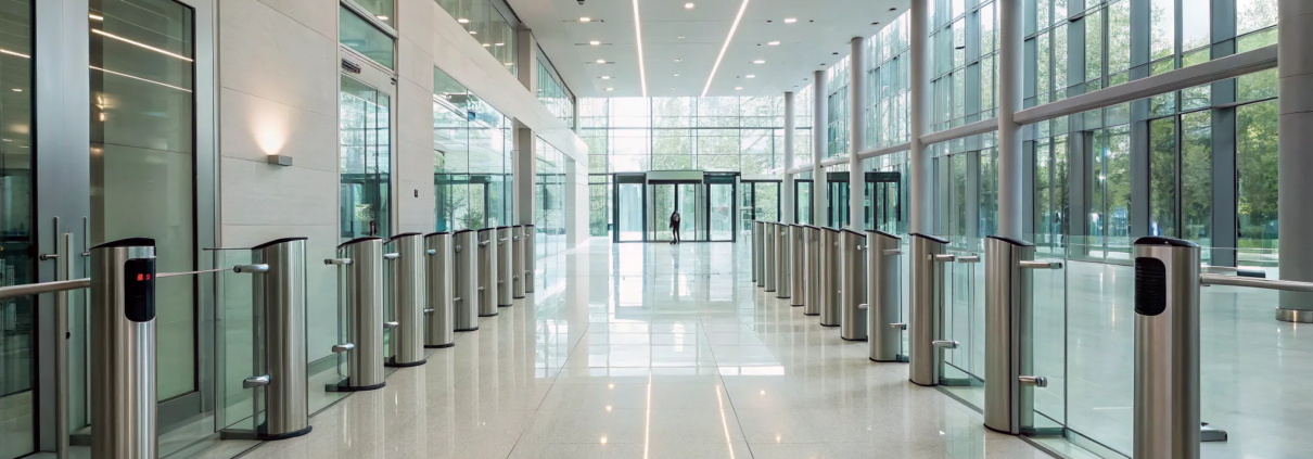 Modern office lobby with secure access control turnstiles from a top 100 access control company.
