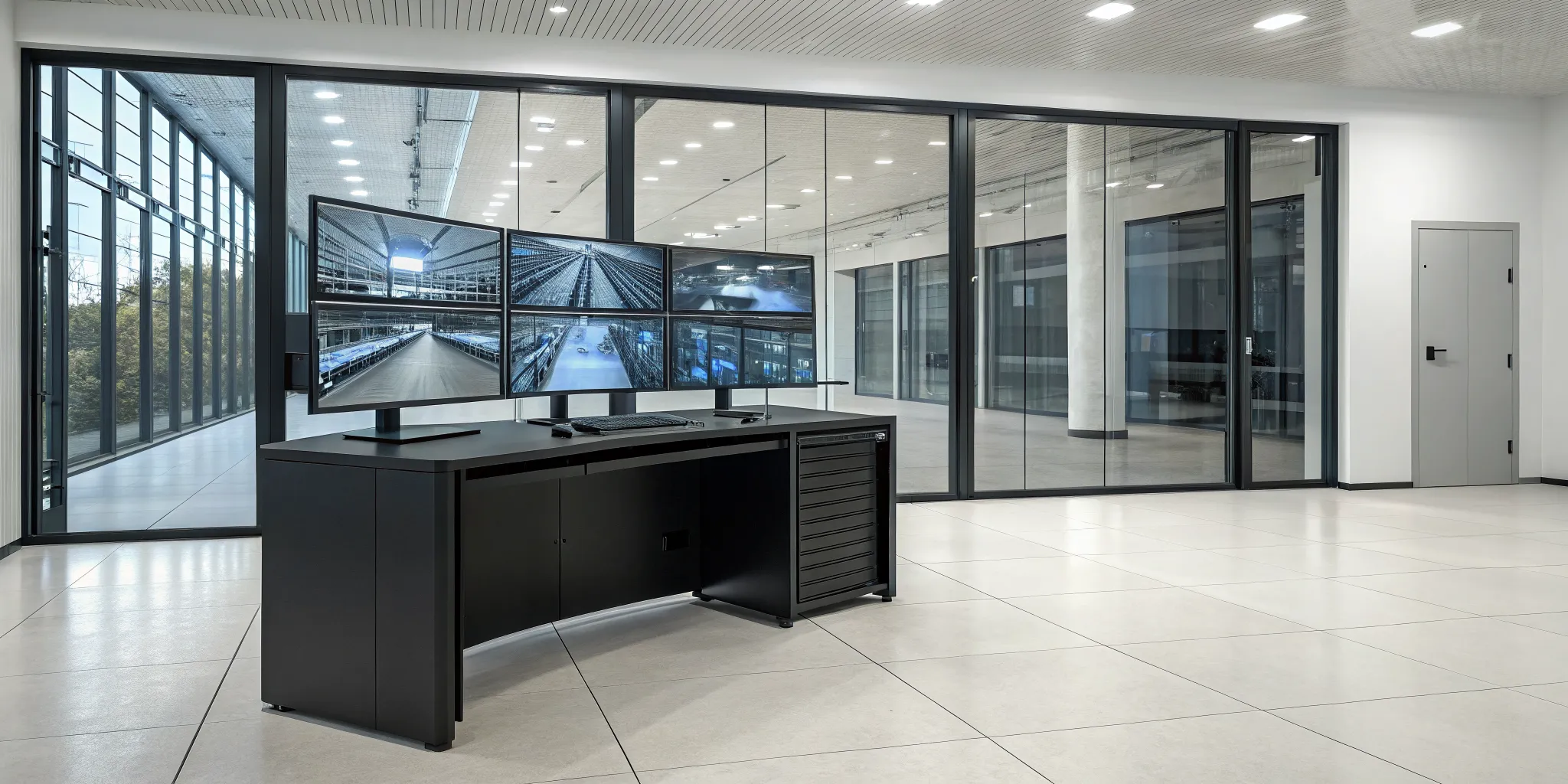 Modern video surveillance systems for business displayed on multiple monitors in a secure office.