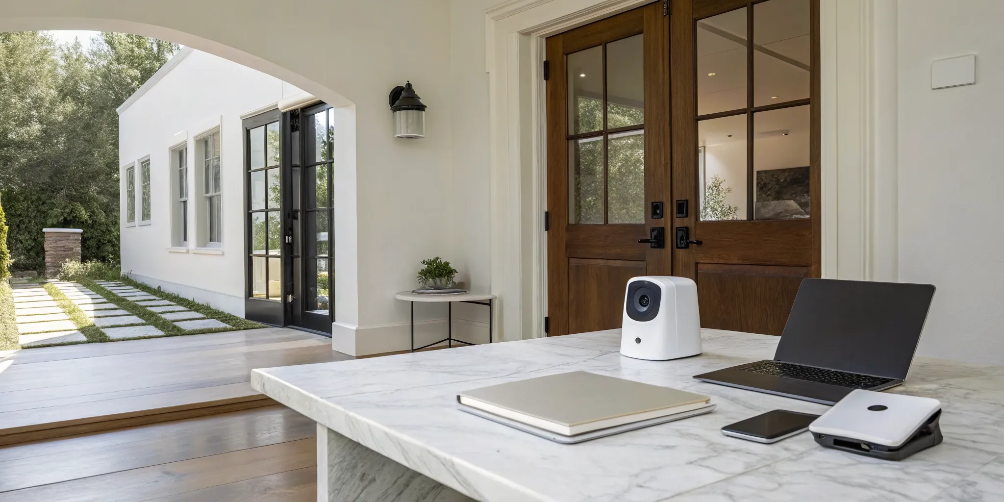 A modern home security system with devices laid out to calculate the monthly monitoring cost.