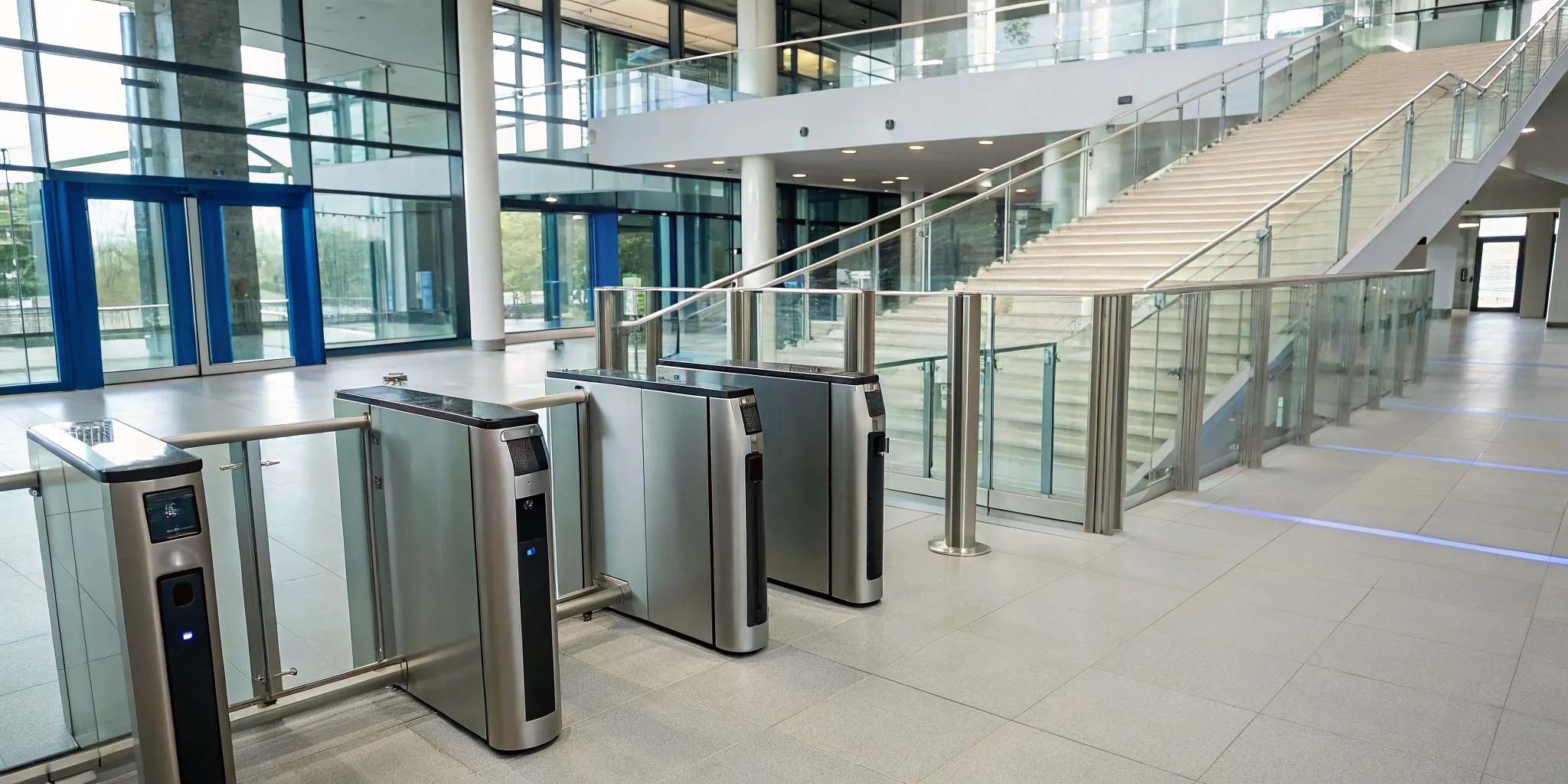 Business security access control systems securing an office lobby with modern turnstiles.