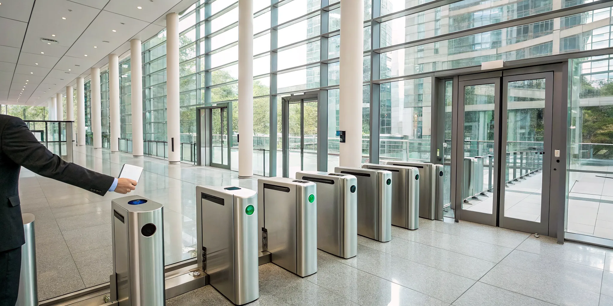 A business access control system with key card turnstiles securing a modern corporate office.