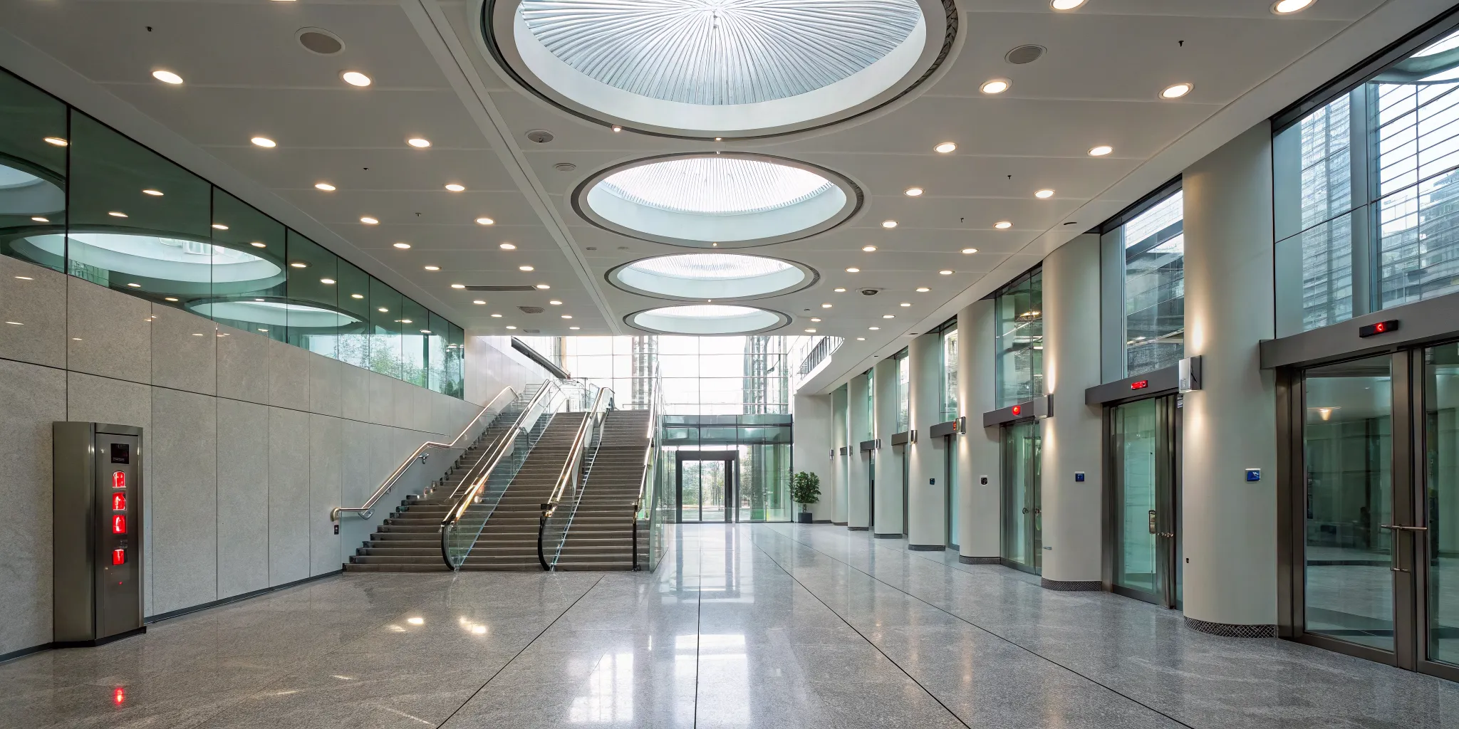 Spacious modern lobby with a staircase, a building where a voice evacuation system is needed.