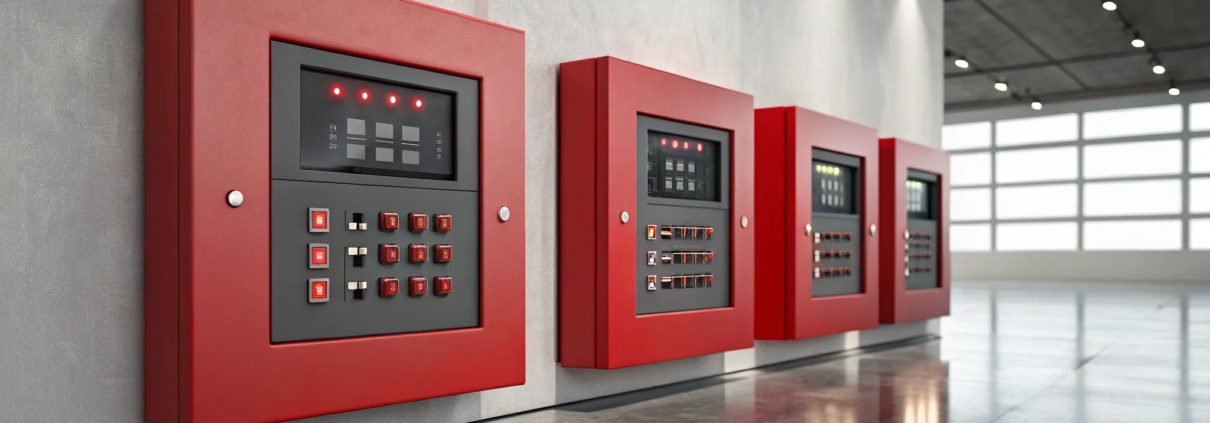 A side-by-side comparison of Honeywell fire alarm panels on a wall.