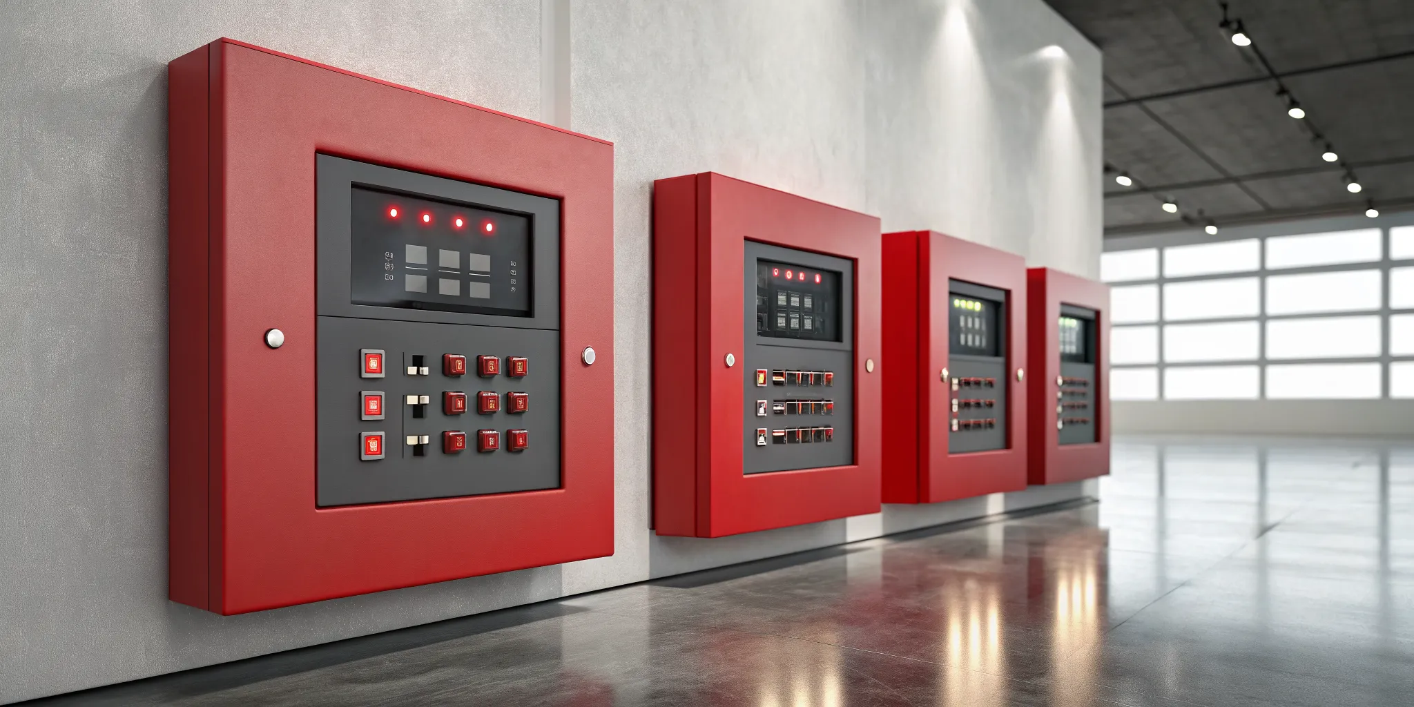 A side-by-side comparison of Honeywell fire alarm panels on a wall.