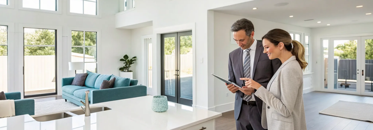 Couple comparing total home security alarm company options on a laptop.