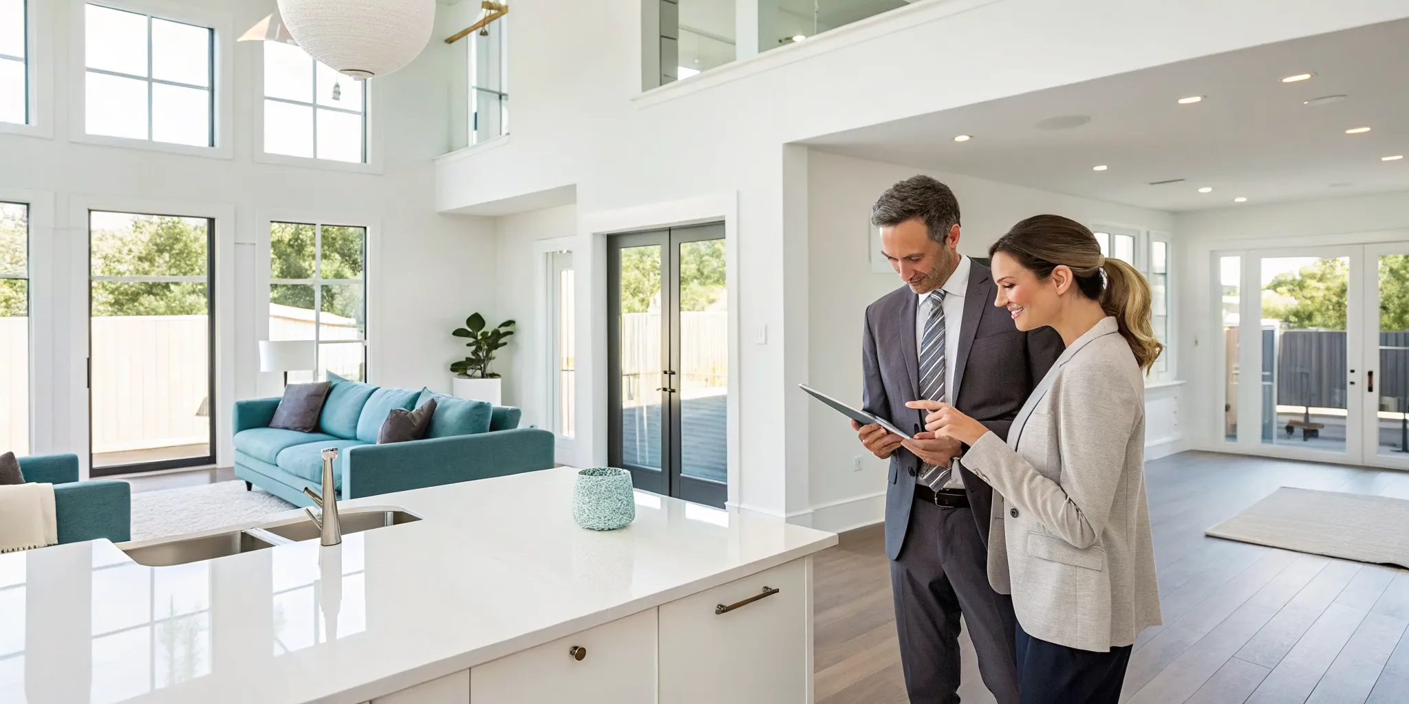 Couple comparing total home security alarm company options on a laptop.