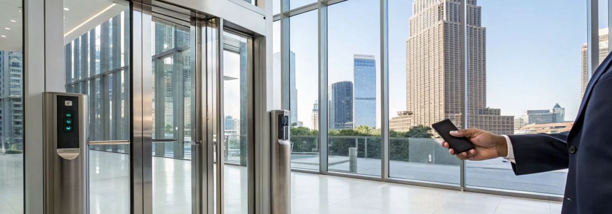 Businessman using a mobile access control system for a business in Atlanta.