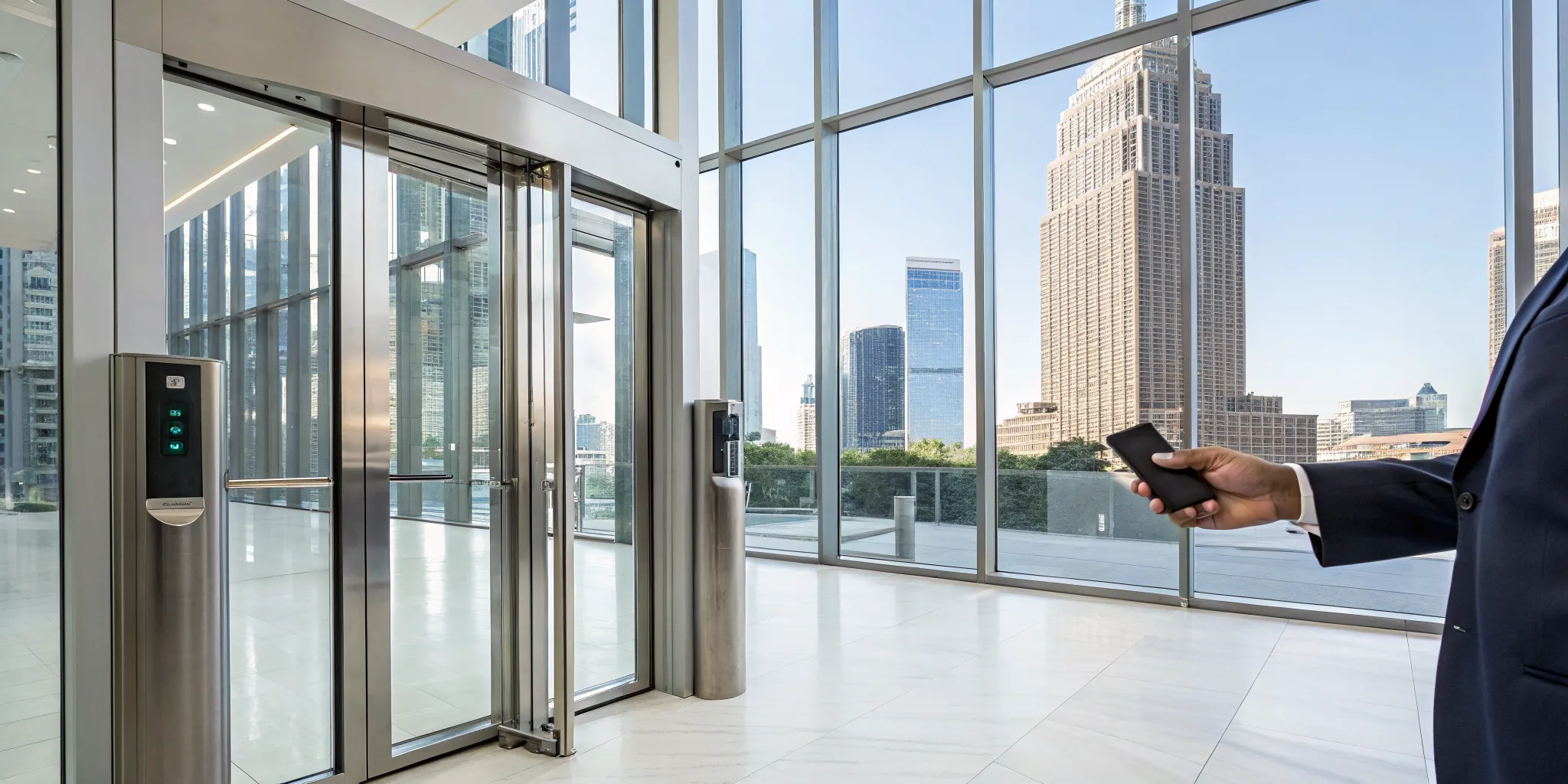Businessman using a mobile access control system for a business in Atlanta.