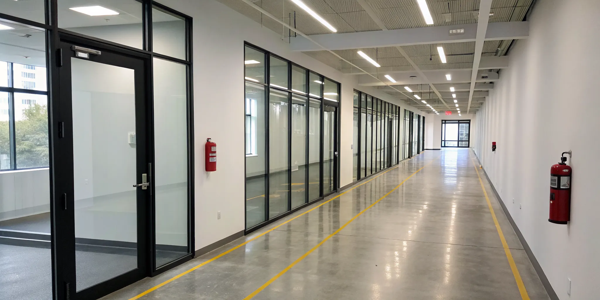 A commercial building ready for a fire marshal inspection with clear evacuation routes and visible fire extinguishers.
