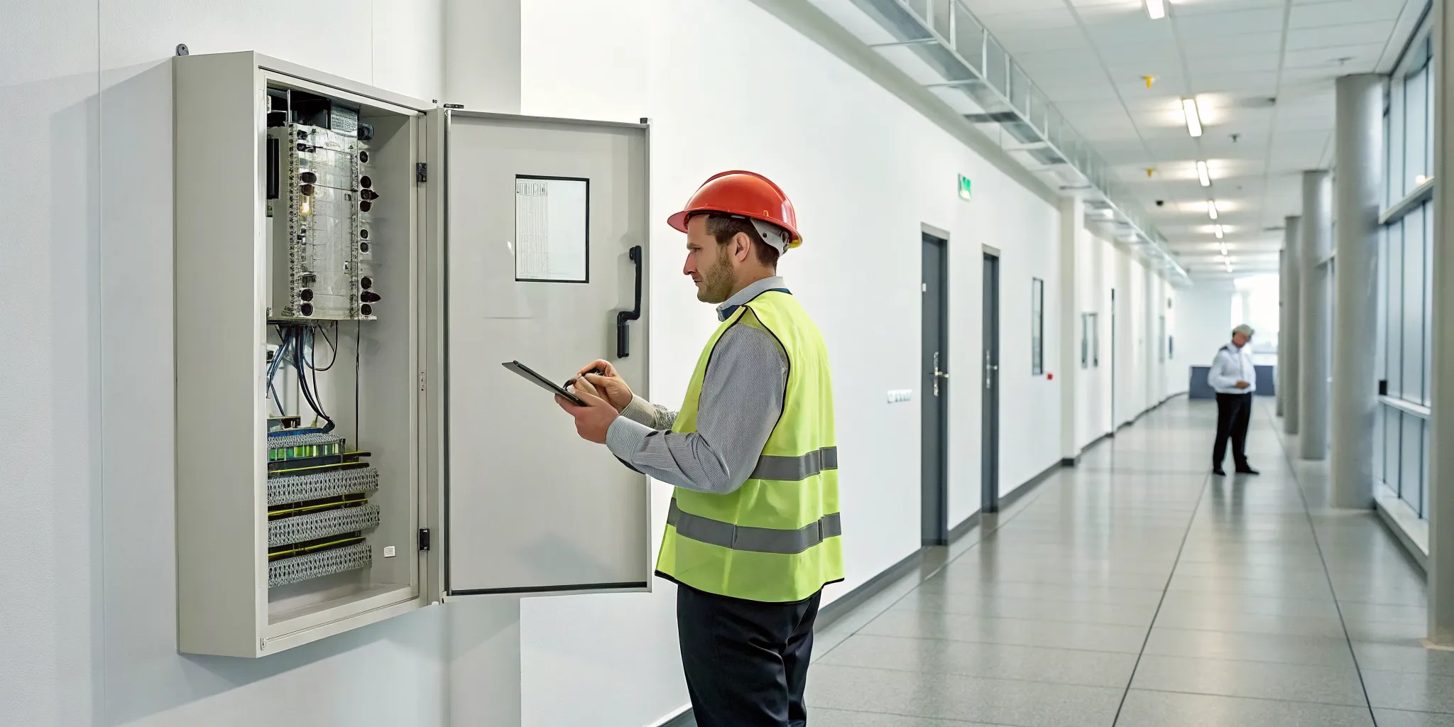 Technician conducting commercial fire alarm testing with a checklist at a control panel.