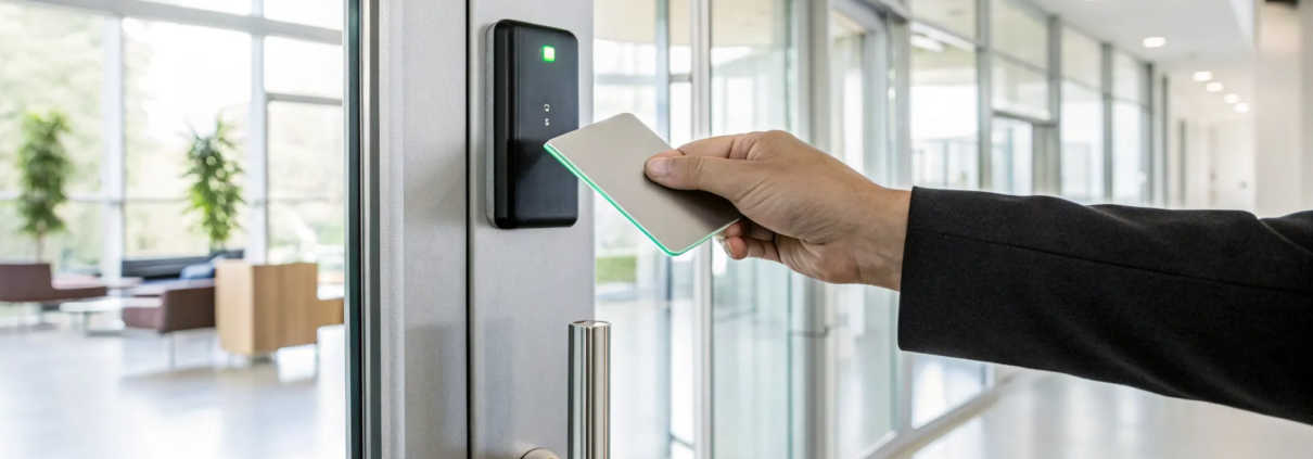 Small business employee using a key card for office entry with an access control system.