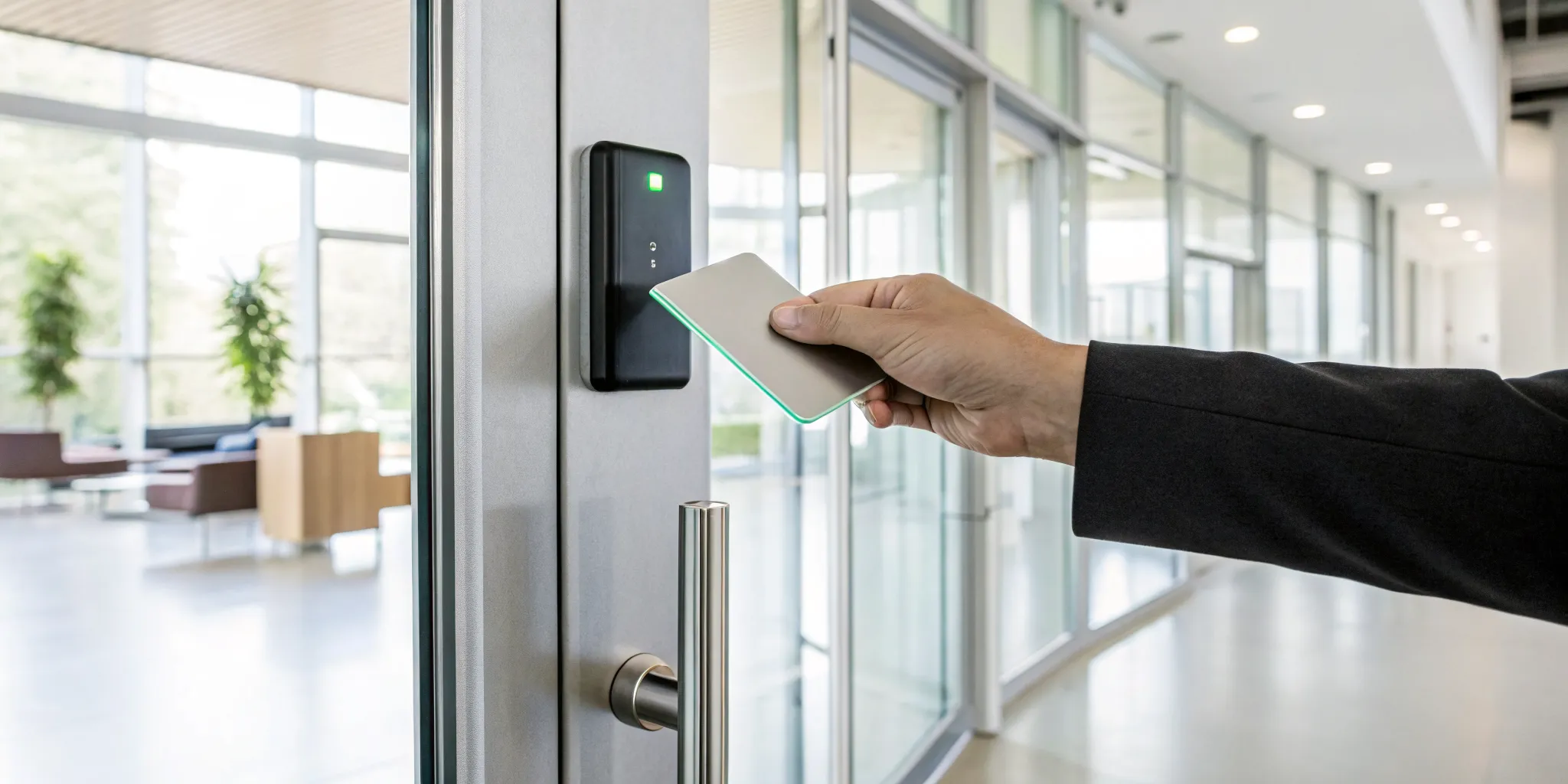 Small business employee using a key card for office entry with an access control system.