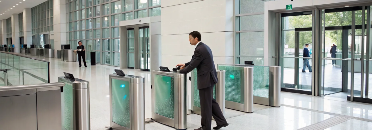 Man using an access control gate in a commercial building to meet security regulations.