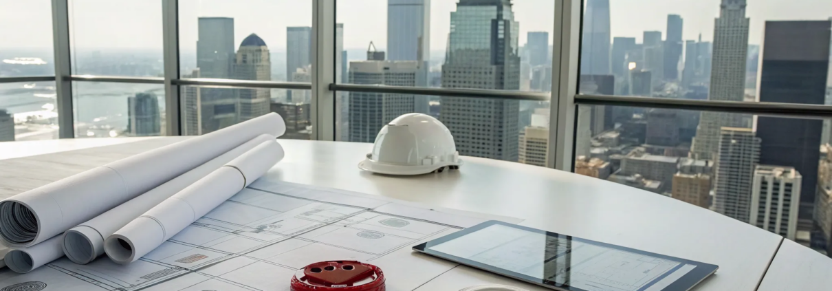 Desk of a fire alarm system design company with plans, a hard hat, and a tablet.