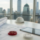 Desk of a fire alarm system design company with plans, a hard hat, and a tablet.