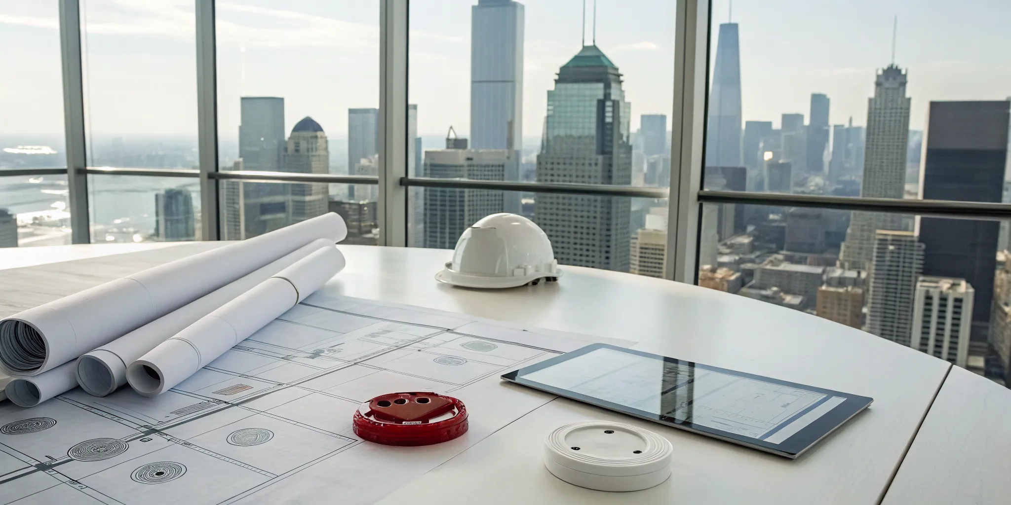 Desk of a fire alarm system design company with plans, a hard hat, and a tablet.