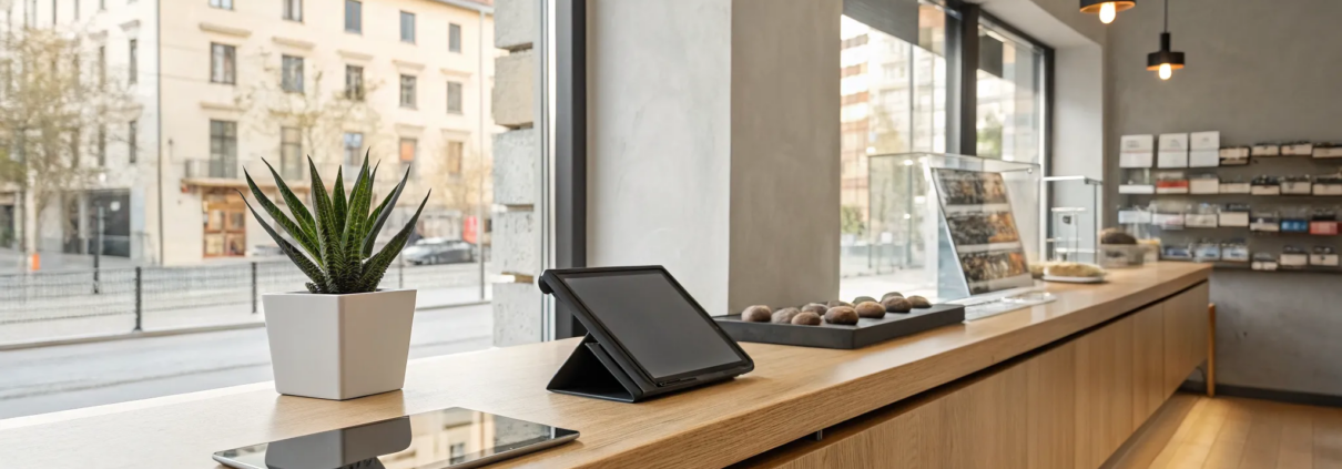 Tablet on a counter showing the benefits of cloud-based surveillance for a small business.