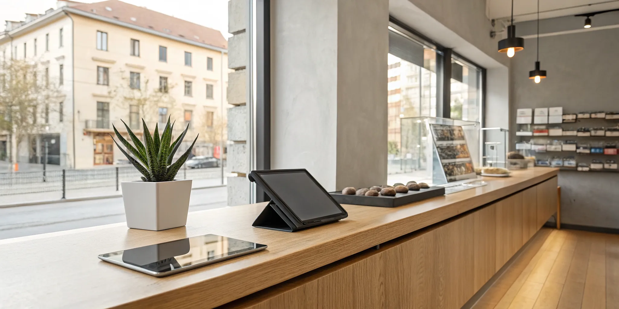 Tablet on a counter showing the benefits of cloud-based surveillance for a small business.