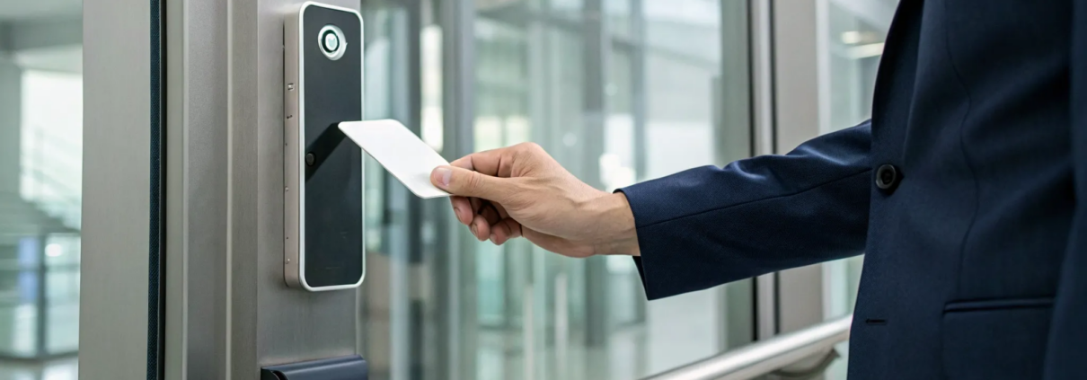 A professional uses a key card for secure entry into an office building.