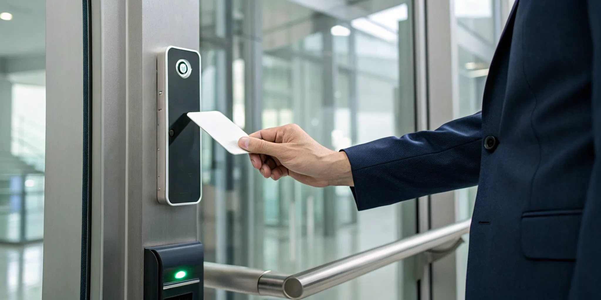A professional uses a key card for secure entry into an office building.