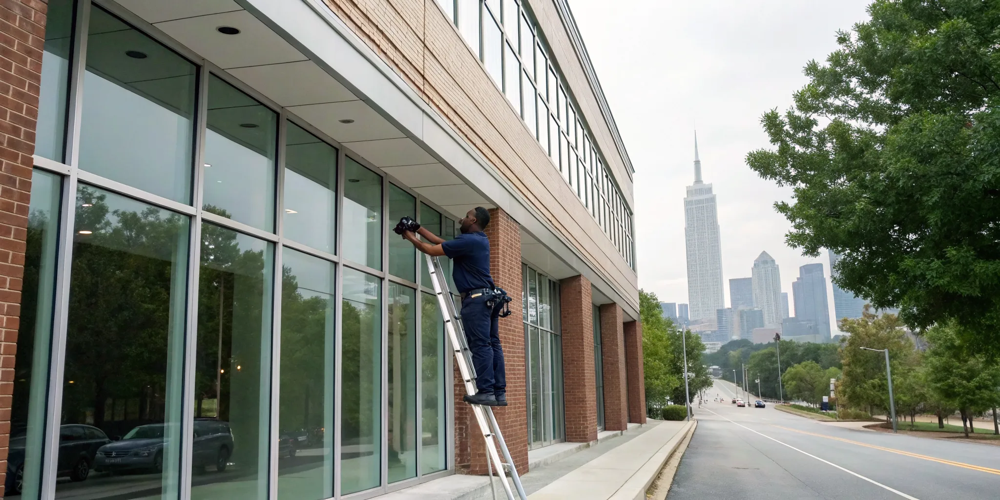 Atlanta business security camera installation on a commercial building by a professional.