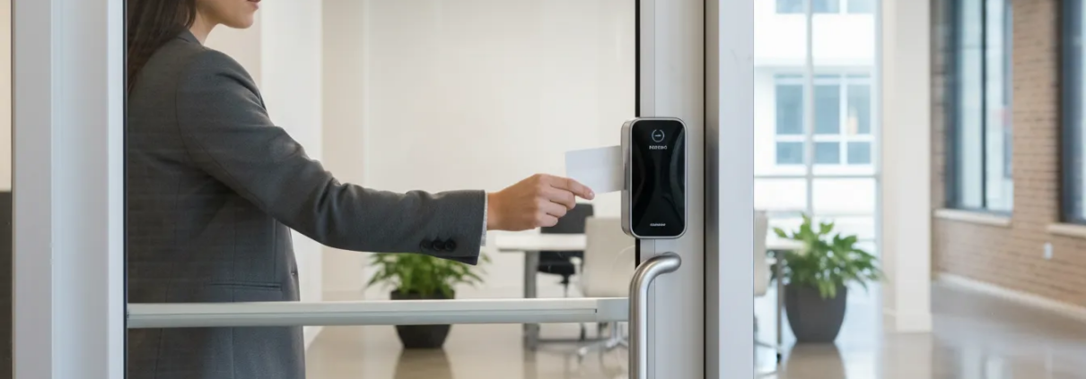 Employee using an electronic access reader at a small business entrance