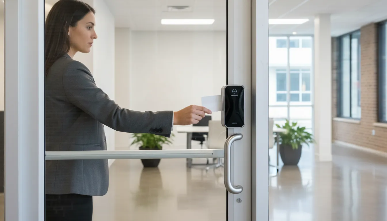 Employee using an electronic access reader at a small business entrance