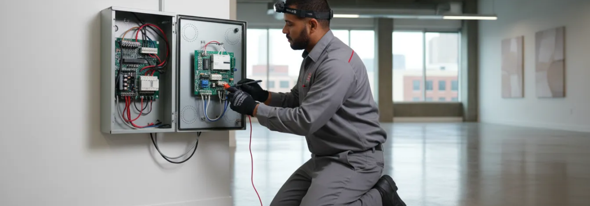 Technician inspecting an existing alarm control panel in Atlanta