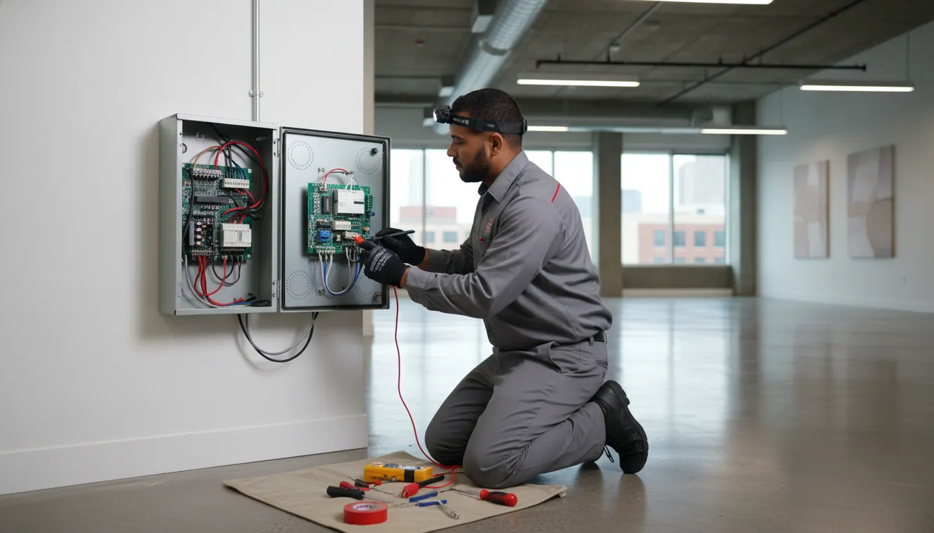 Technician inspecting an existing alarm control panel in Atlanta