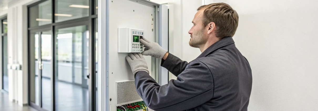 Alarm system reactivation by a professional technician on a control panel.
