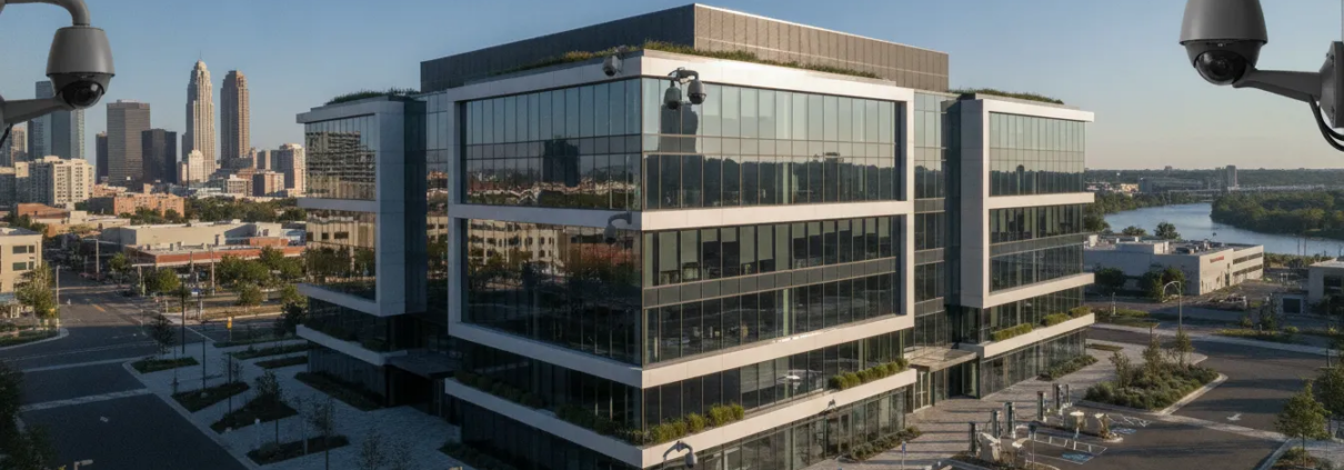 Modern commercial building protected by a professionally designed surveillance system