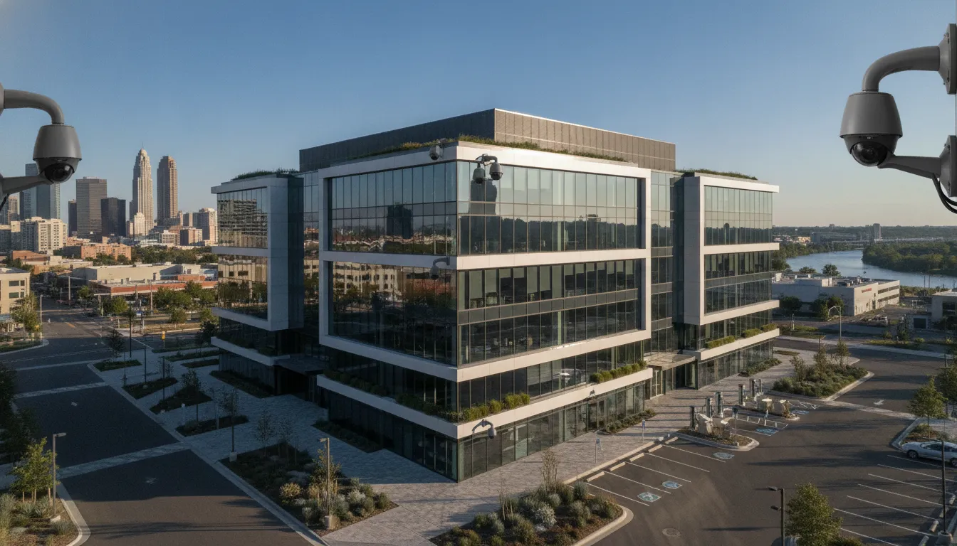 Modern commercial building protected by a professionally designed surveillance system