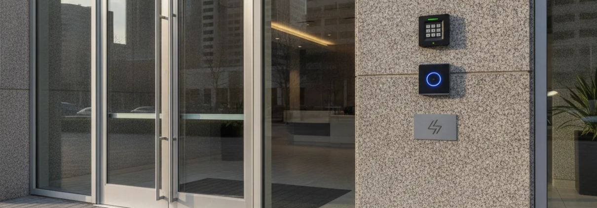 Atlanta business entrance with commercial alarm keypad and access control reader