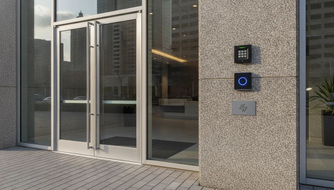 Atlanta business entrance with commercial alarm keypad and access control reader
