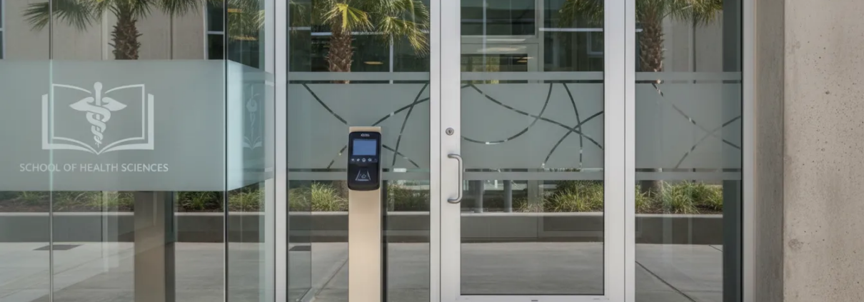 Controlled access systems reader at a secure commercial entrance