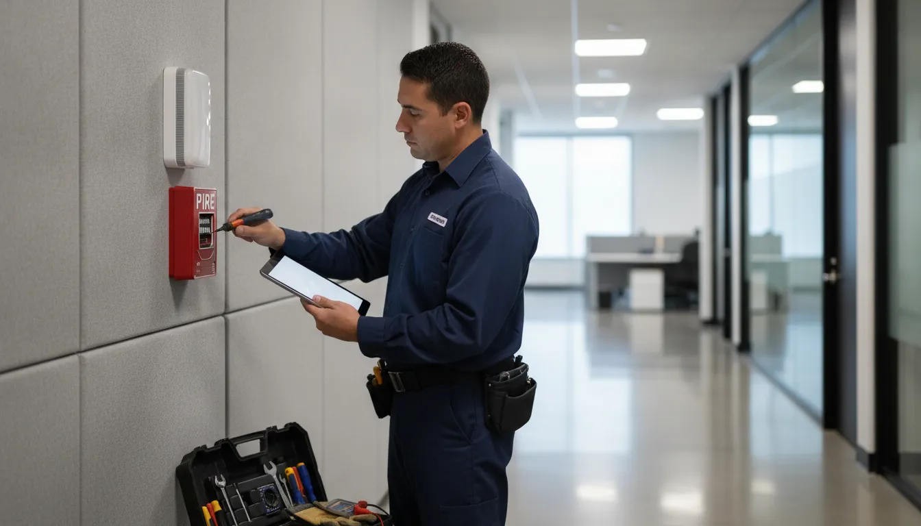 Technician preparing a fire marshal inspection fire alarm review in a commercial hallway
