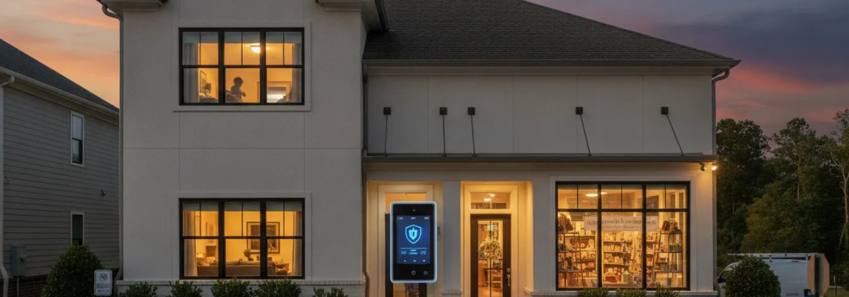 Monitored alarm system protecting an Alpharetta home and business
